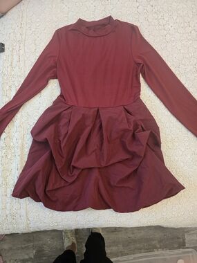 Source Unknown Long-Sleeve Wine Red Girls' Party Dress